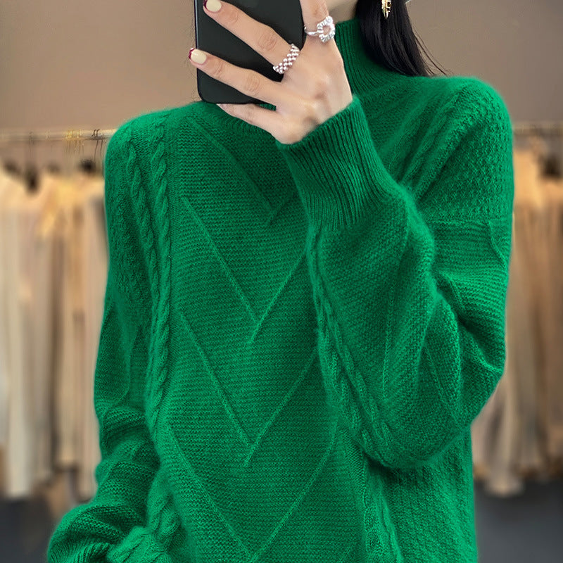 Women's chunky knit sweater with innovative cable pattern and high stand-up collar NOVAE
