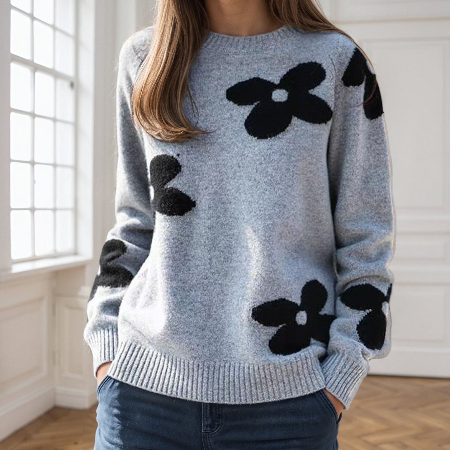 Women's Cozy Knit Sweater with Floral Design NOVAE
