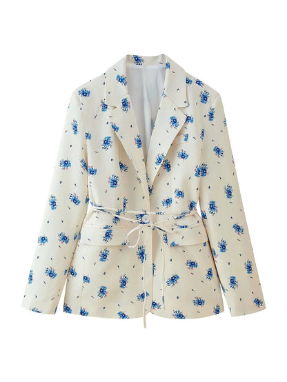 Women's tailored blazer with floral pattern and tie belt NOVAE