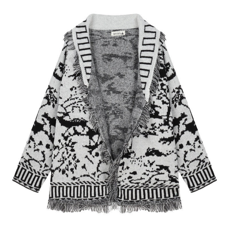 Women's fringed cardigan with graphic pattern and open fronts NOVAE