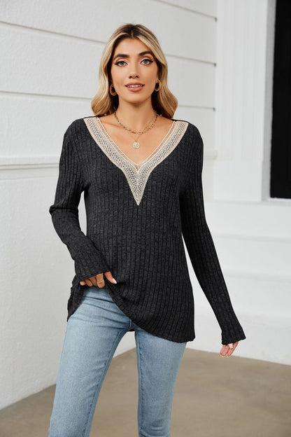 Women's V-neck knit sweater with romantic lace NOVAE