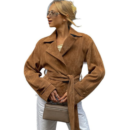 Women's luxury suede jacket with adjustable belt and elegant lapel NOVAE