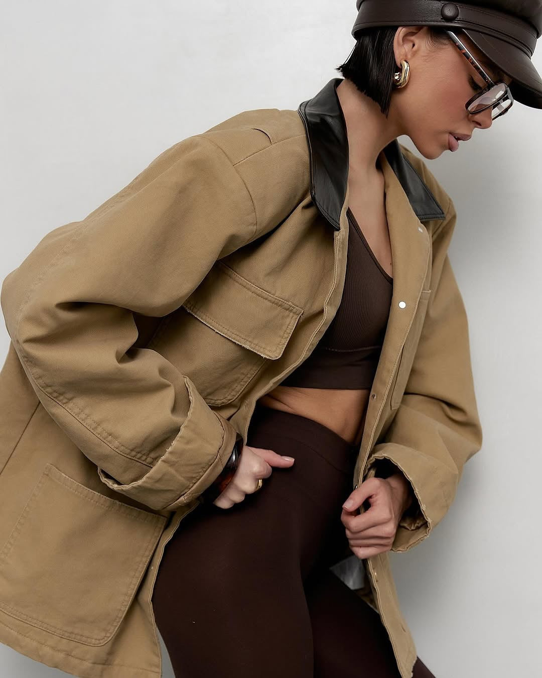 Women's casual oversized jacket with leather collar and practical pockets NOVAE