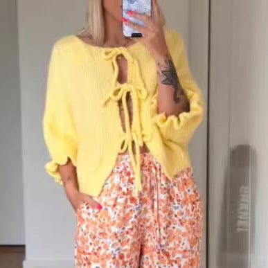 Women's trendy knit cardigan with gathers and ties NOVAE