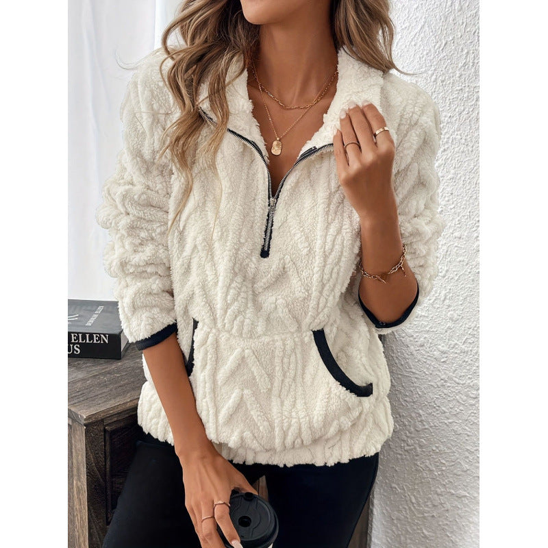 Women's fluffy teddy sweater with half zipper and high collar NOVAE
