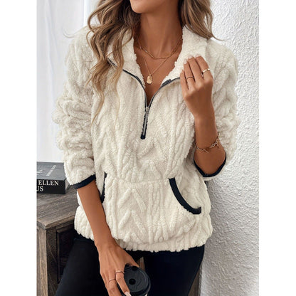 Women's fluffy teddy sweater with half zipper and high collar NOVAE