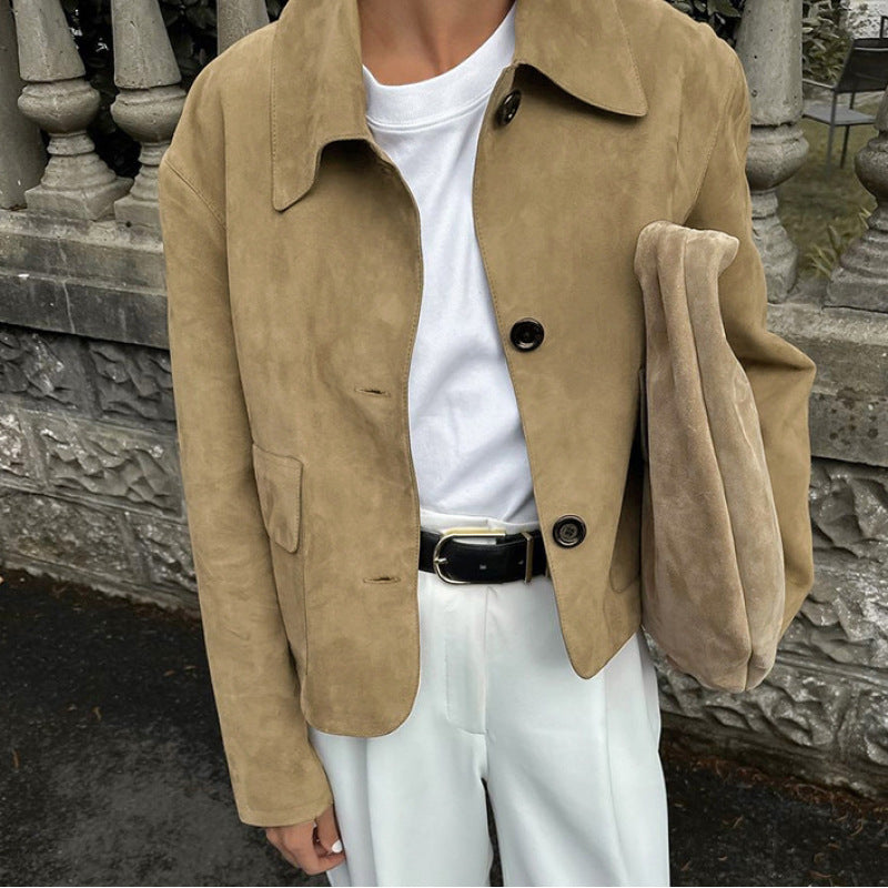 Women's fashionable suede jacket with practical pockets and classic collar NOVAE