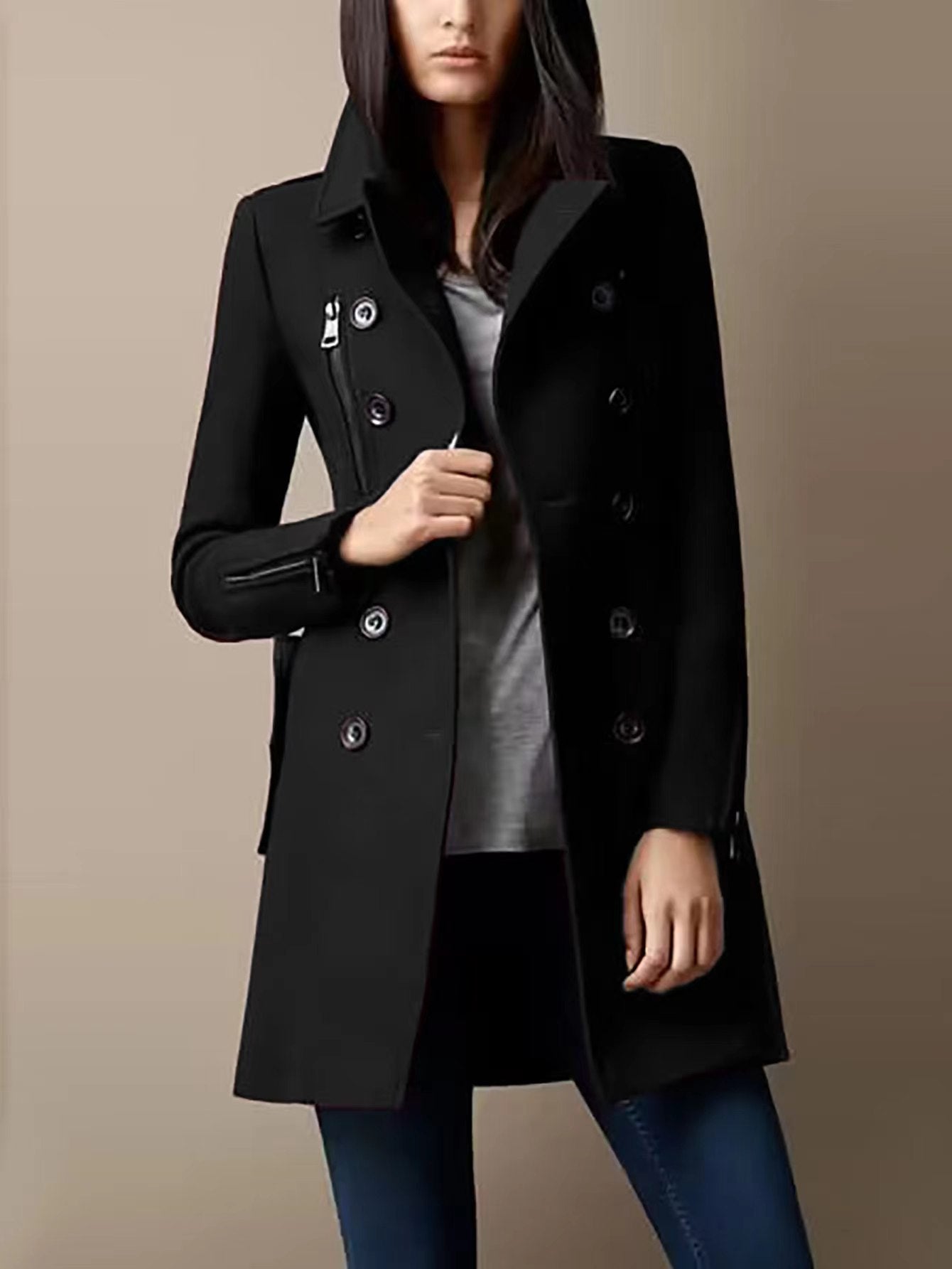 Women's fashionable short coat with double button placket and side zippers NOVAE