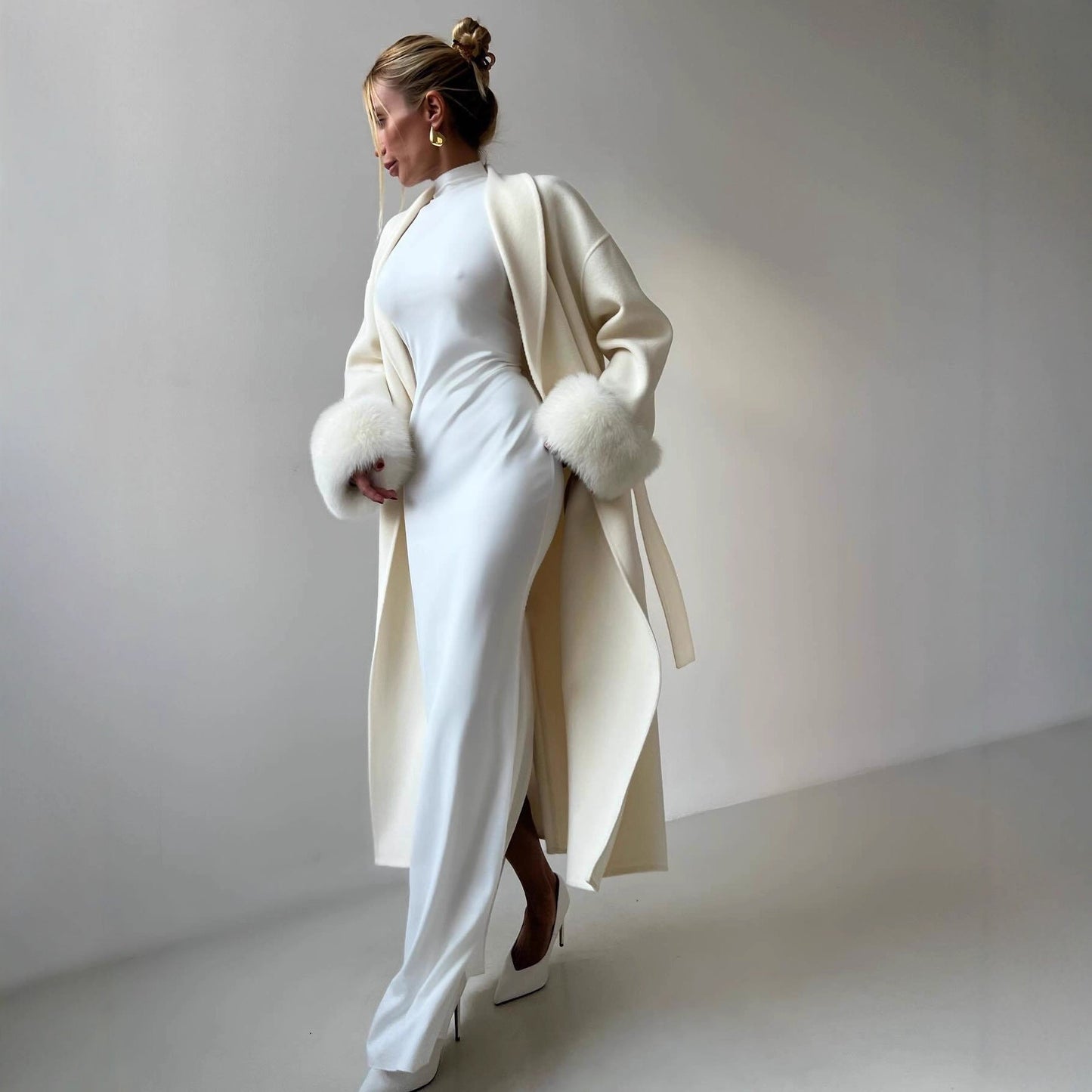 Women's Elegant Long Jacket with Detachable Fox Sleeves NOVAE