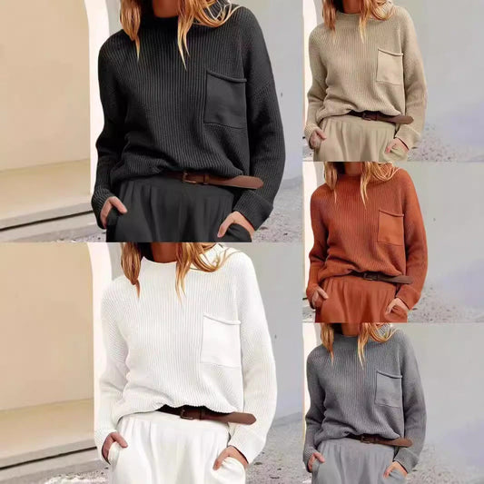 Women's knit sweater with high collar and chest pocket NOVAE