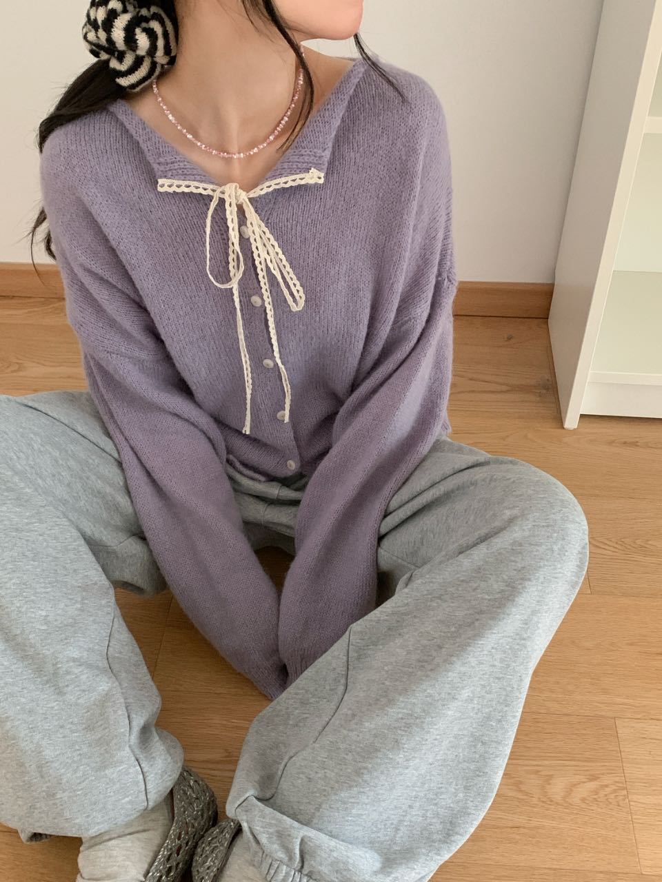 Women's casual knit cardigan with drawstring and fine texture NOVAE