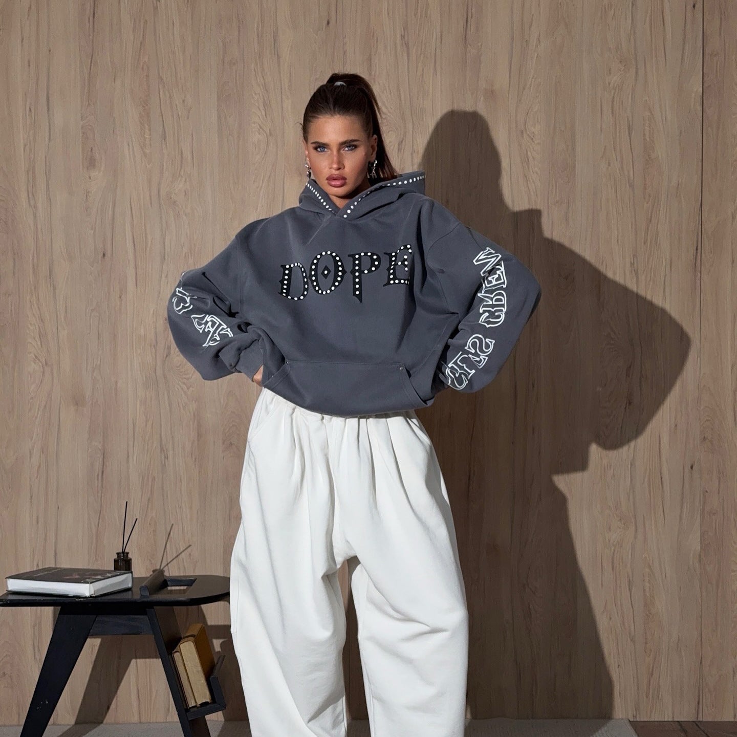 Women's oversized hoodie with eye-catching rhinestone embellishment and creative sleeve prints NOVAE