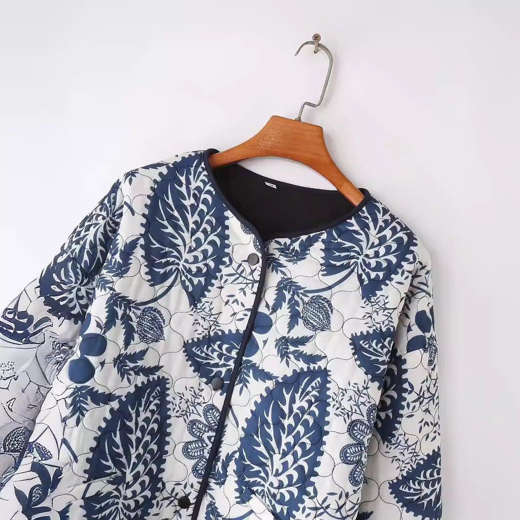 Women's quilted floral jacket with innovative pocket and round neck NOVAE