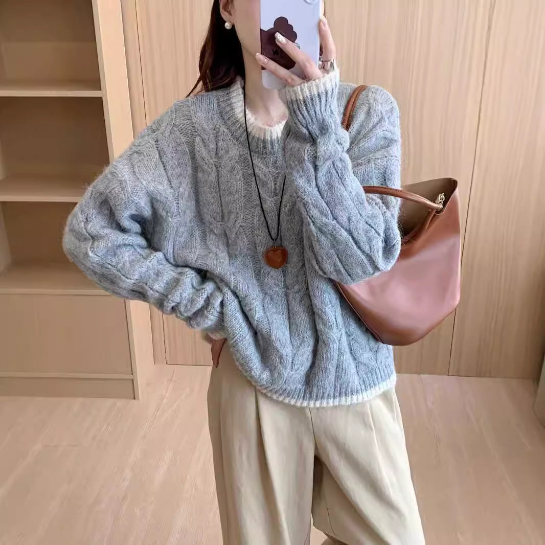 Women's chunky knit sweater with cable pattern and round neckline NOVAE