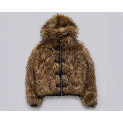 Women's Patterned and Soft Faux Fur Jacket with Hood NOVAE