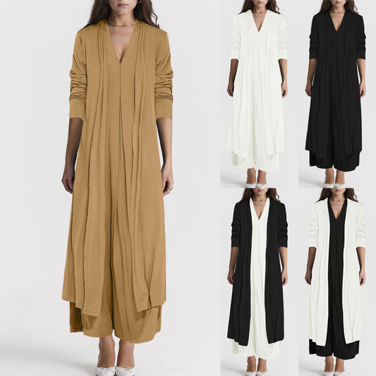 Women's elegant long jacket with deep V-neck and flowing cut NOVAE