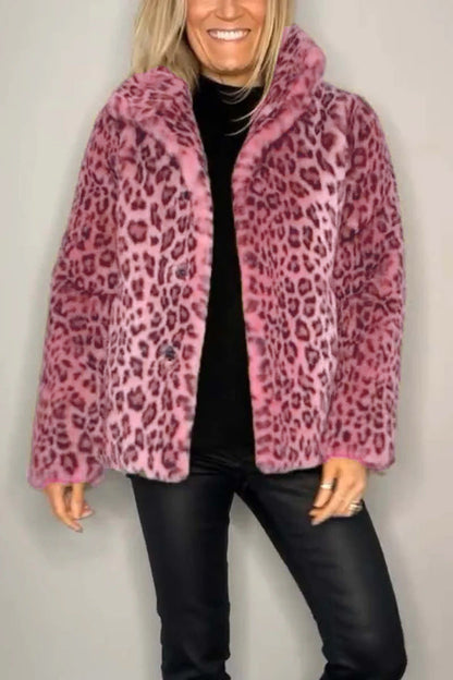 Women's Fluffy Leopard Print Jacket with High Collar NOVAE