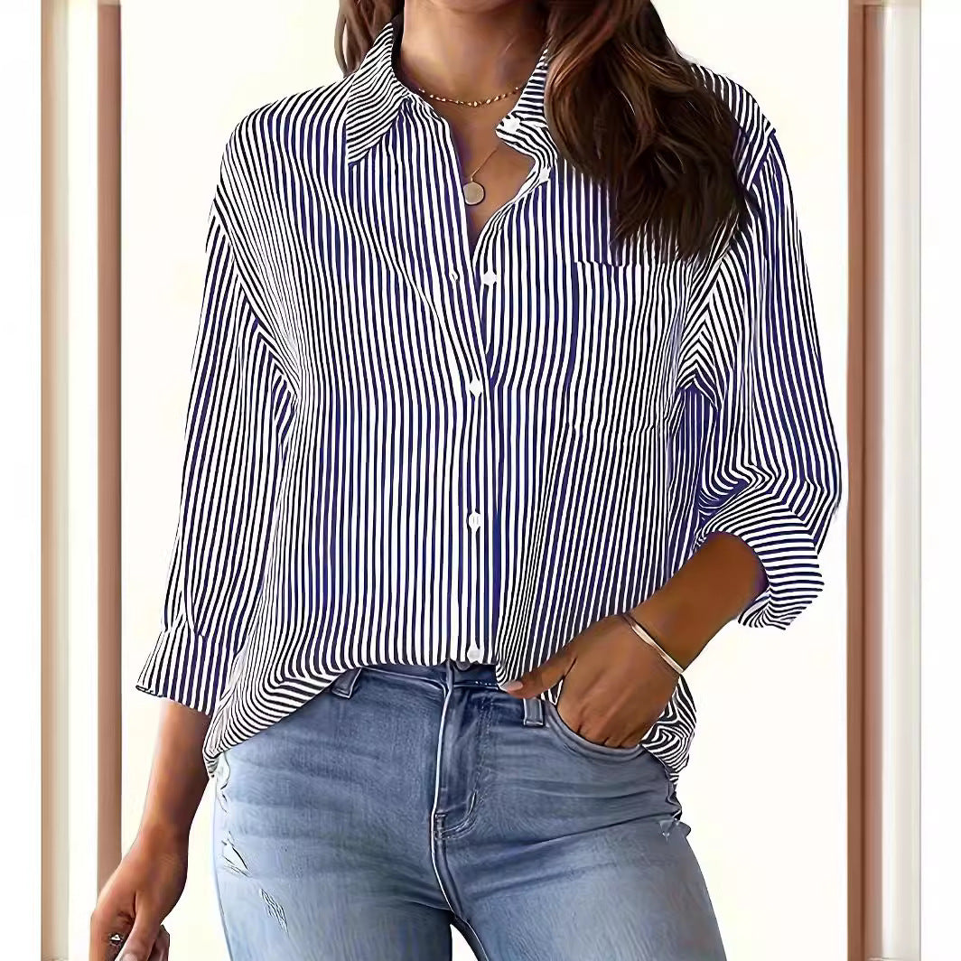Women's long-sleeved blouse with fine stripes and chest pocket NOVAE
