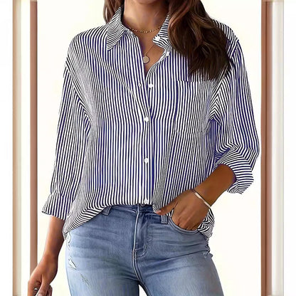 Women's long-sleeved blouse with fine stripes and chest pocket NOVAE