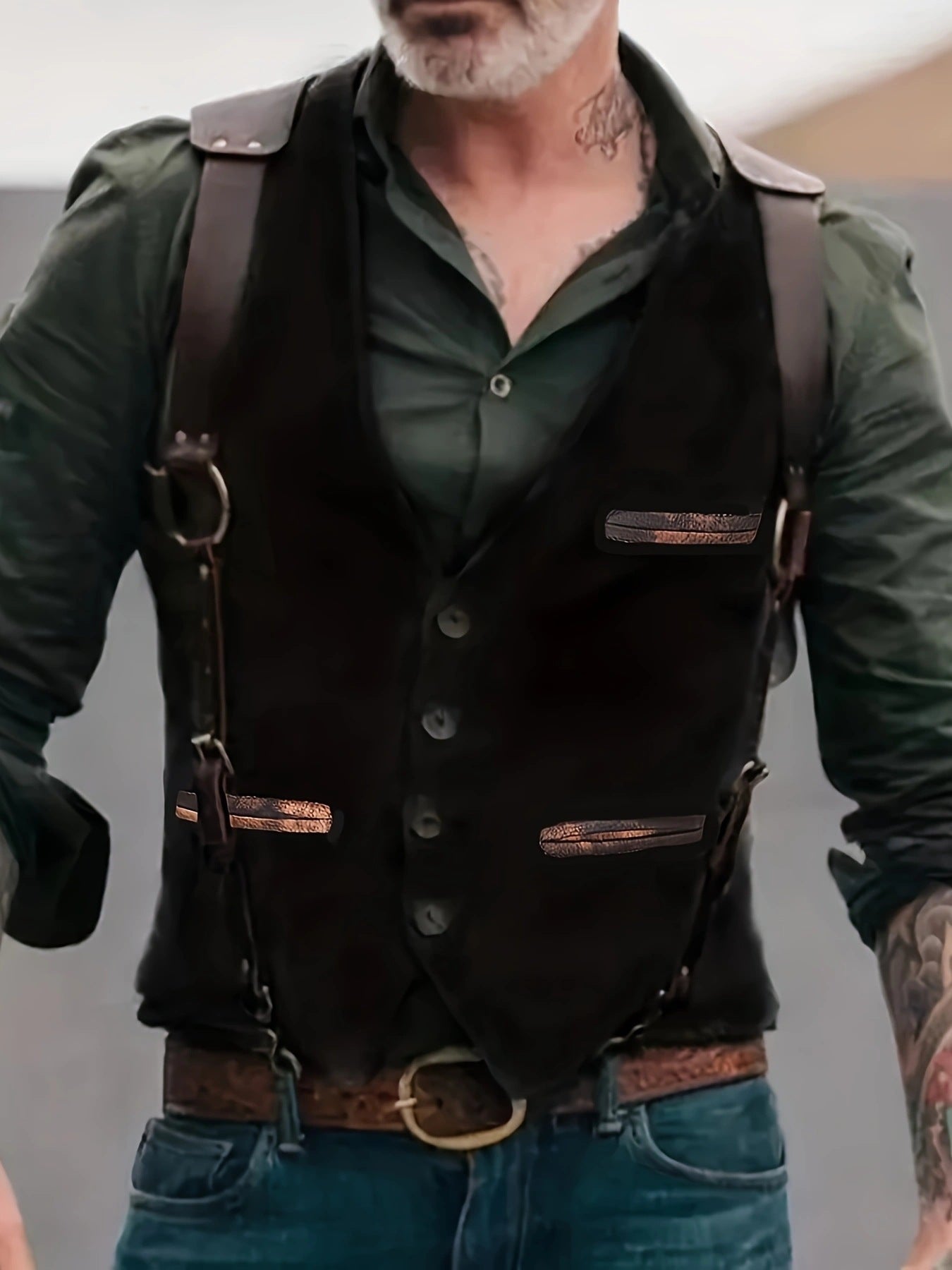 Men's stylish vest with leather accents and practical pockets NOVAE