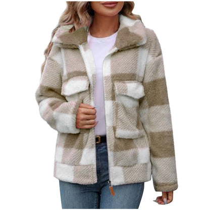 Women's fleece jacket with check pattern and practical pockets NOVAE