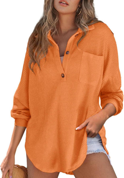 Women's casual waffle knit top with button placket NOVAE