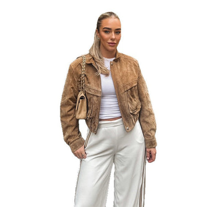 Women's suede jacket in a modern cropped style with pockets NOVAE