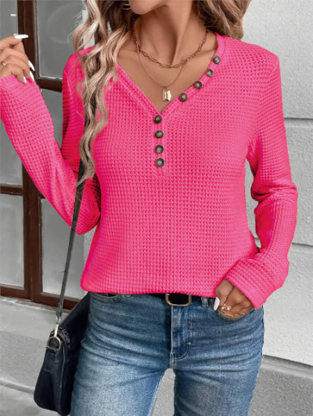 Women's waffle-textured long-sleeved shirt with button placket NOVAE