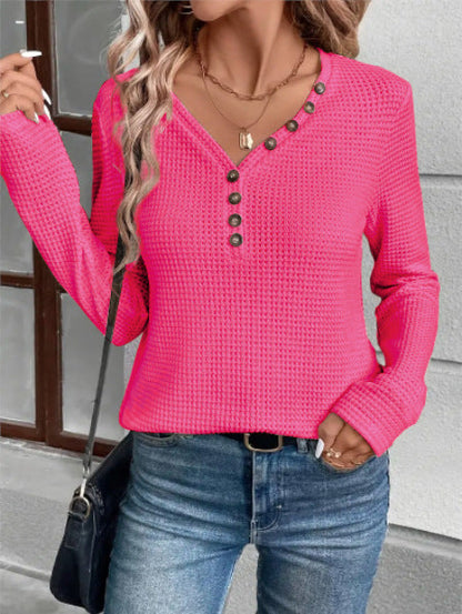 Women's waffle-textured long-sleeved shirt with button placket NOVAE