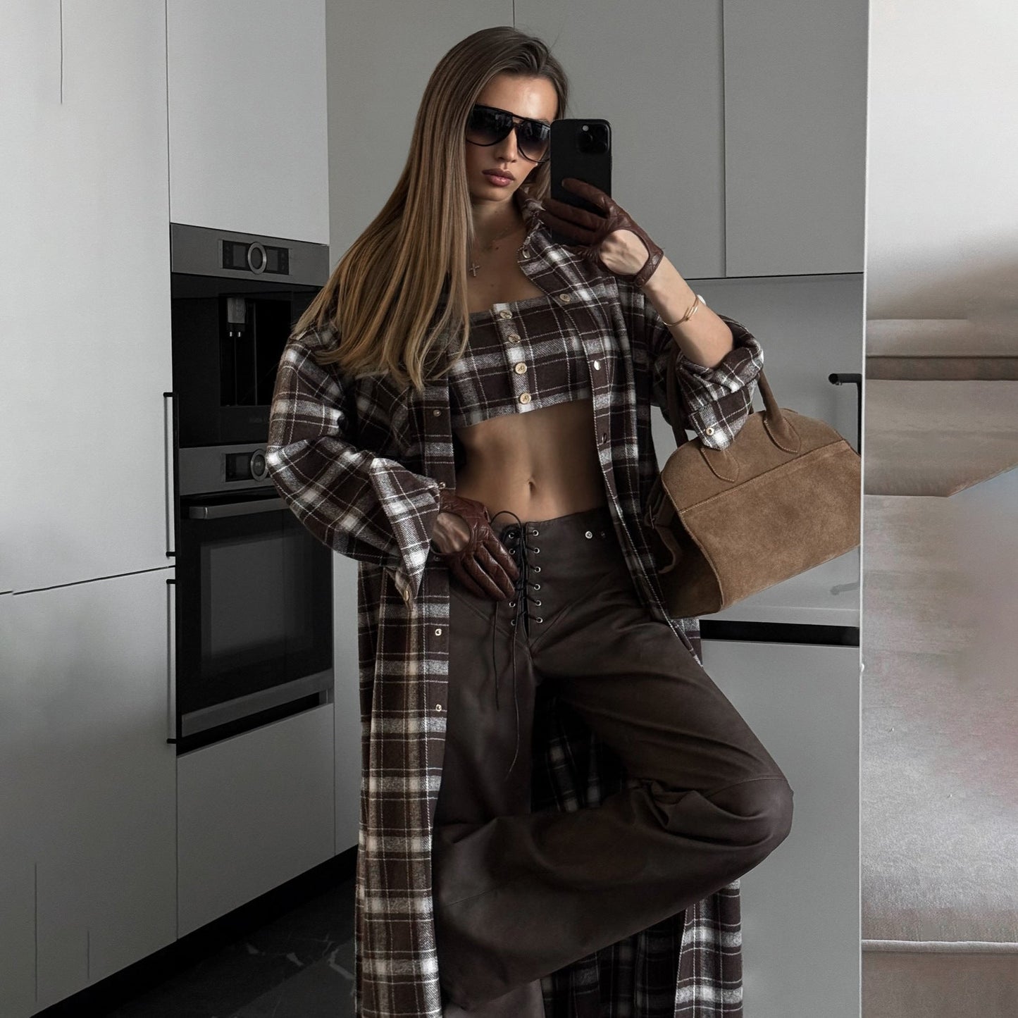 Women's Long Check Shirt Dress with Detachable Sleeves NOVAE