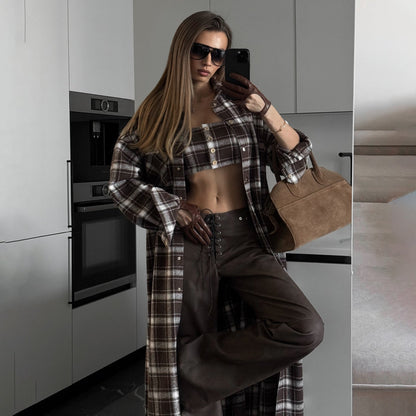 Women's Long Check Shirt Dress with Detachable Sleeves NOVAE