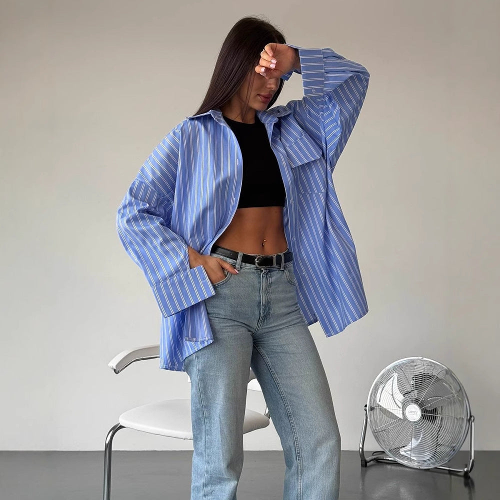 Women's casual long-sleeved blouse with fine stripes NOVAE