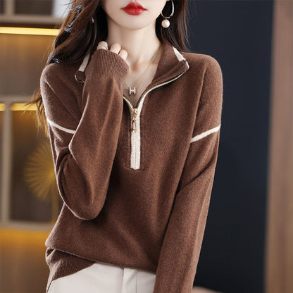 Women's pullover with half zipper and fine textured knit NOVAE