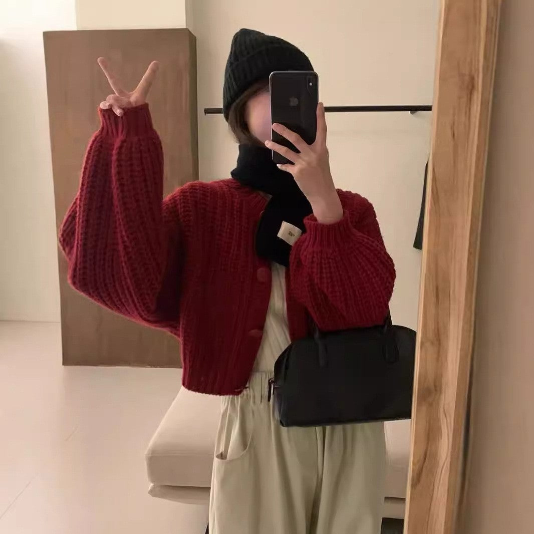 Women's chunky knit cardigan with voluminous sleeves and button details NOVAE