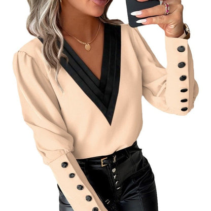 Women's blouse with V-neck and elegant puff sleeves NOVAE