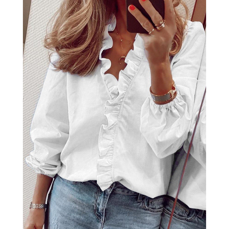 Women's blouse with ruffle details and elegant stand-up collar NOVAE