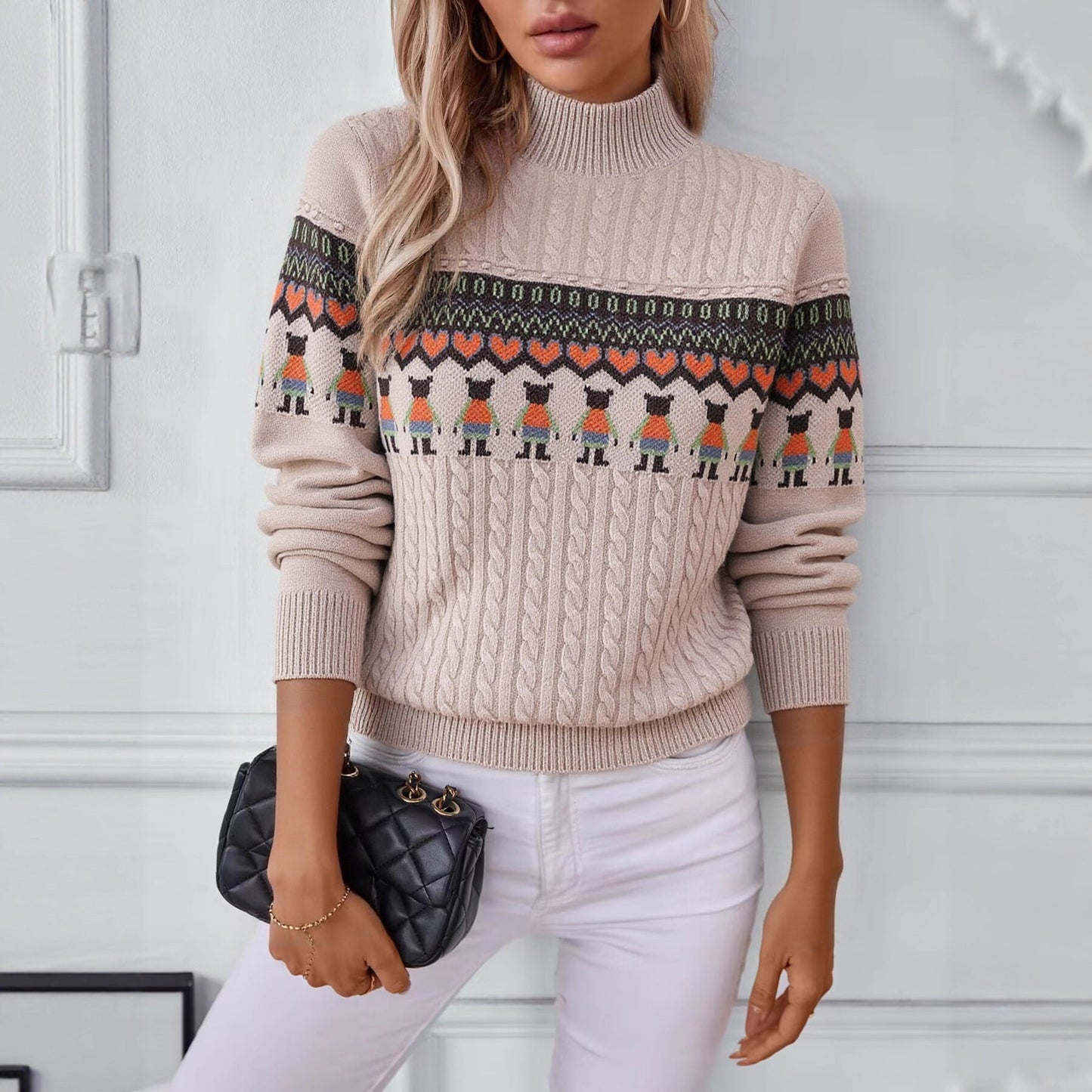 Women's knitted sweater with creative pattern and high collar NOVAE