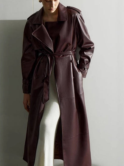 Women's elegant faux leather trench coat jacket with belt and fashionable details NOVAE