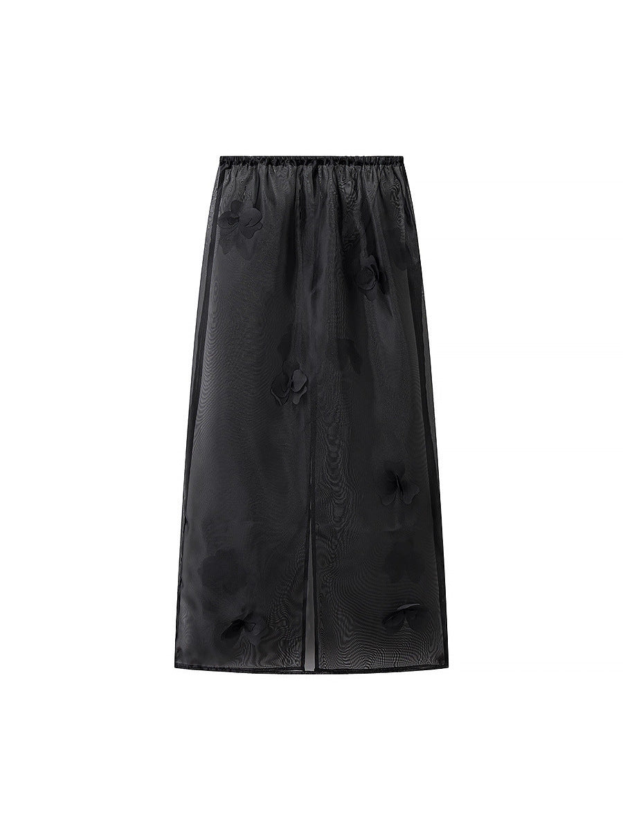 Women's long transparent blouse with floral design and side slit NOVAE