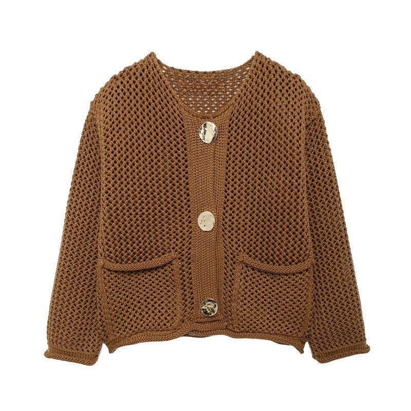 Women's cardigan with open knit structure and comfortable pockets NOVAE