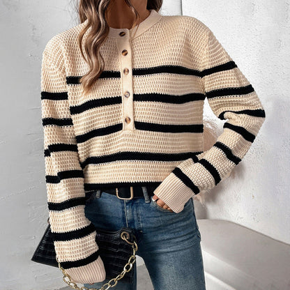 Women's striped sweater with button placket in textured wool NOVAE
