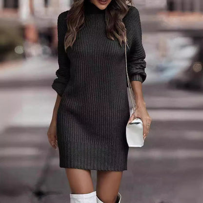 Women's knitted mini dress with elegant stand-up collar and ribbed texture NOVAE