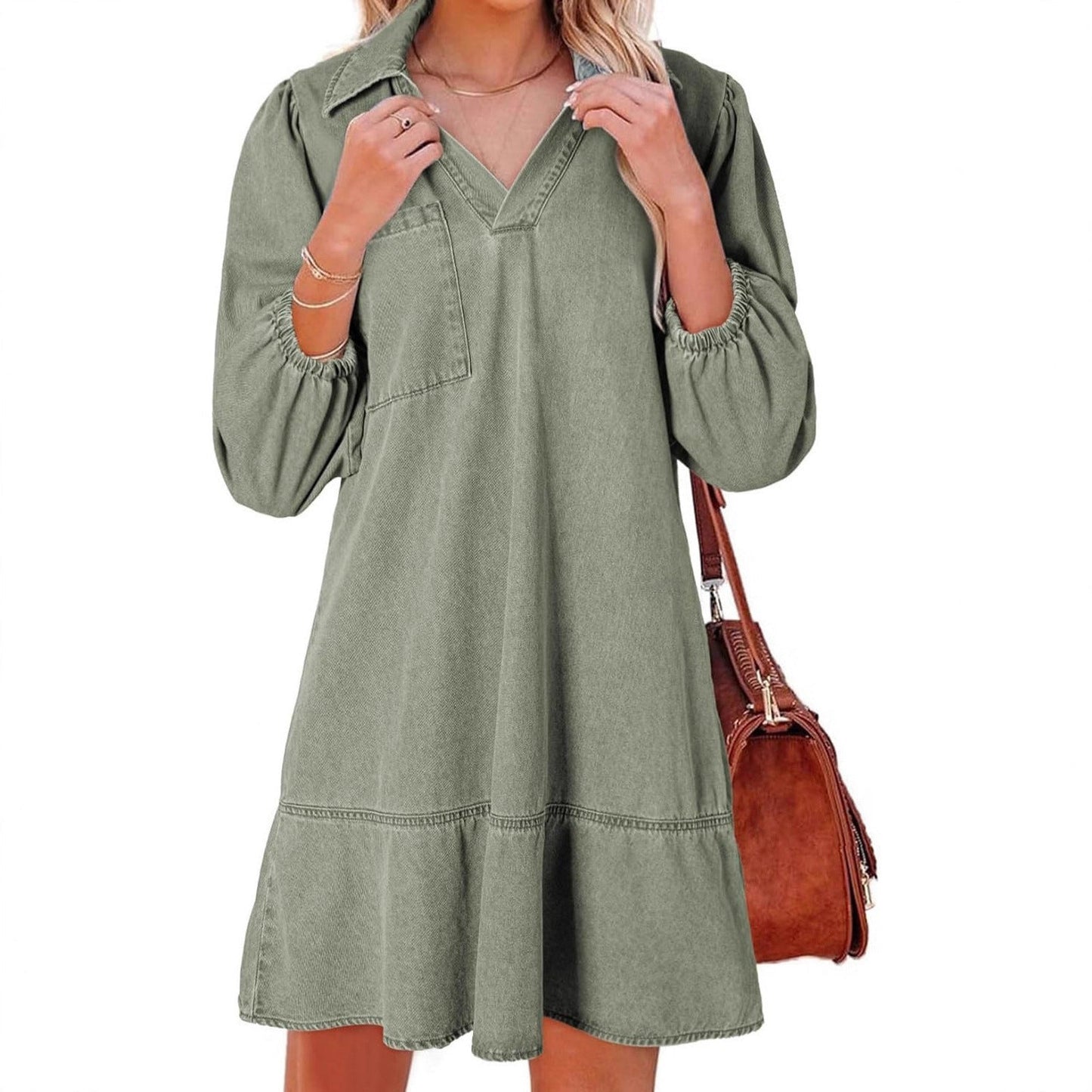 Women's denim dress with voluminous sleeves and side pocket NOVAE
