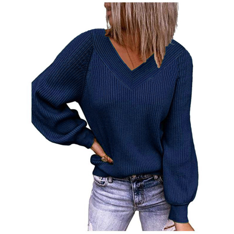 Women's V-neck and balloon sleeve knit sweater NOVAE