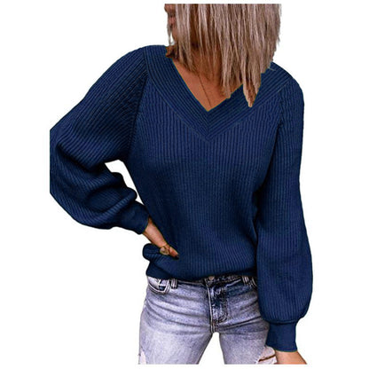 Women's V-neck and balloon sleeve knit sweater NOVAE