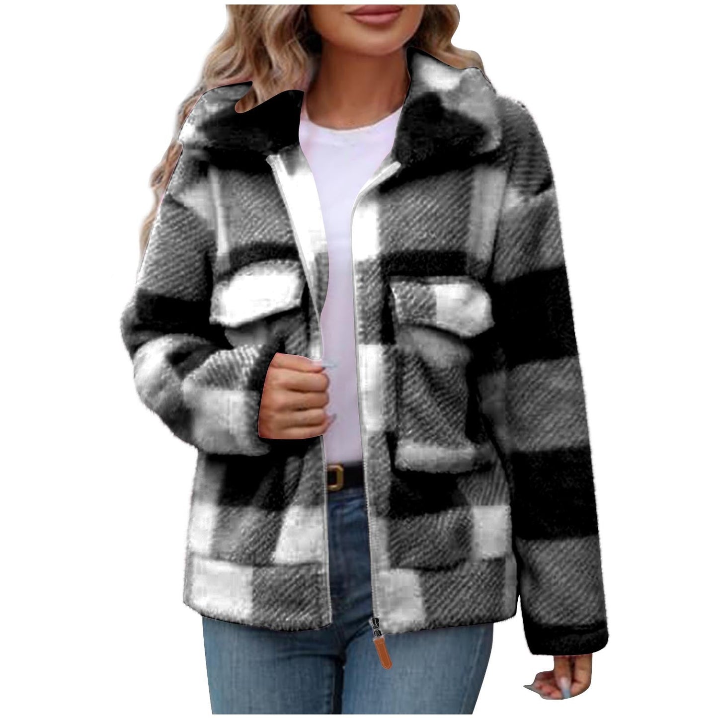 Women's fleece jacket with check pattern and practical pockets NOVAE