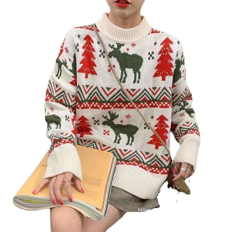 Women's chunky knit sweater with festive reindeer motif and round neckline NOVAE