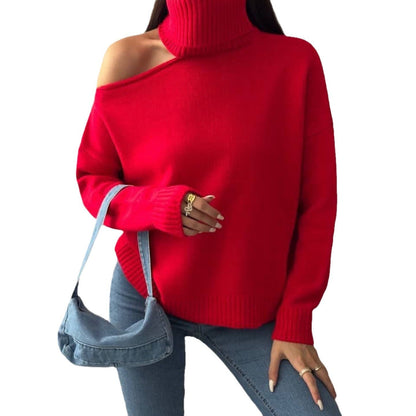 Women's fashionable roll-neck sweater with off-the-shoulder design and elegant ribbed details NOVAE