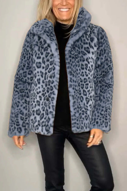 Women's Fluffy Leopard Print Jacket with High Collar NOVAE