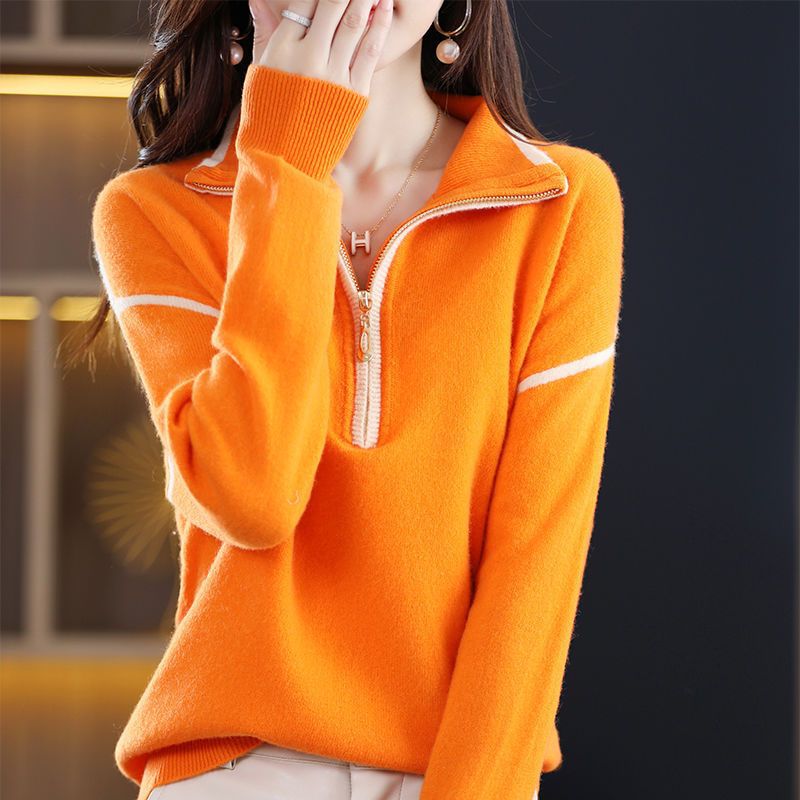 Women's pullover with half zipper and fine textured knit NOVAE